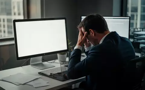 Ein besorgter Investor sitzt an einem Schreibtisch vor einem leeren Computerbildschirm in einem modernen Büro. - Foto: über boerse-global.de