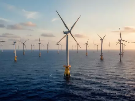 Großer Offshore-Windpark auf dem offenen Meer bei Sonnenuntergang. - Foto: über boerse-global.de