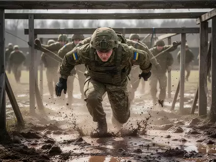 Ein ukrainischer Rekrut in Uniform absolviert bei bewölktem Himmel einen anspruchsvollen Hindernisparcours im Training. - Foto: über boerse-global.de