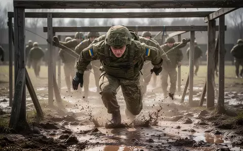 Ein ukrainischer Rekrut in Uniform absolviert bei bewölktem Himmel einen anspruchsvollen Hindernisparcours im Training. - Foto: über boerse-global.de
