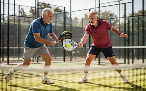 Zwei sportlich aktive Menschen über 50 spielen konzentriert Padel auf einem Outdoor-Platz bei natürlichem Tageslicht. - Foto: über boerse-global.de