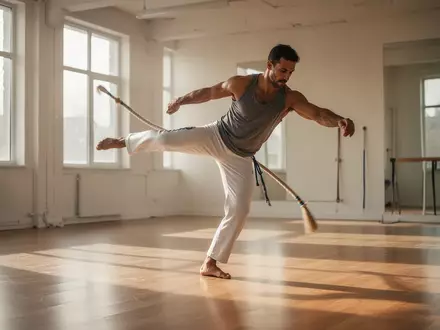 Ein athletischer Mann trainiert Capoeira in einem hellen Studio mit Holzboden bei natürlichem Licht. - Foto: über boerse-global.de