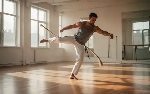 Ein athletischer Mann trainiert Capoeira in einem hellen Studio mit Holzboden bei natürlichem Licht. - Foto: über boerse-global.de