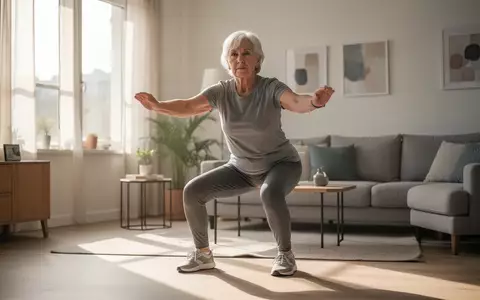 Eine Ă€ltere Person fĂŒhrt in einem hellen Wohnzimmer eine einfache KraftĂŒbung aus, um die MobilitĂ€t zu fördern. - Foto: ĂŒber boerse-global.de