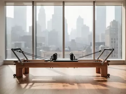 Ein heller, minimalistischer Pilates-Raum mit einem professionellen Reformer-Gerät vor einer großen Fensterfront. - Foto: über boerse-global.de