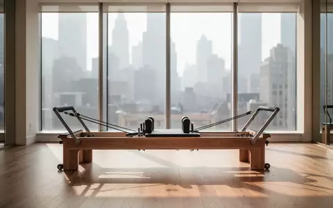 Ein heller, minimalistischer Pilates-Raum mit einem professionellen Reformer-Gerät vor einer großen Fensterfront. - Foto: über boerse-global.de