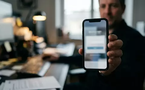 Ein Smartphone in einer Hand zeigt eine verschwommene Benutzeroberfläche eines Bank-Logins in einer dunklen Büroumgebung. - Foto: über boerse-global.de