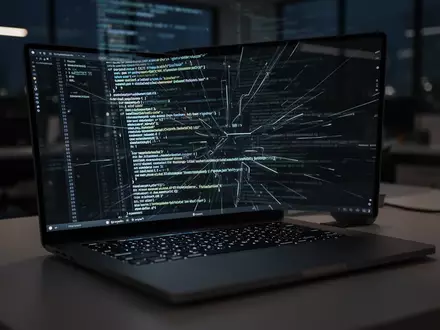 Ein beleuchteter Laptop in einem dunklen Büro, auf dem abstrakter digitaler Code zu sehen ist. - Foto: über boerse-global.de