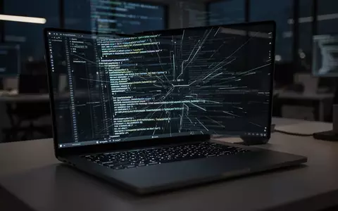 Ein beleuchteter Laptop in einem dunklen Büro, auf dem abstrakter digitaler Code zu sehen ist. - Foto: über boerse-global.de