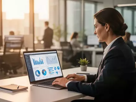 Eine Personalverantwortliche arbeitet in einem modernen Büro an einem Laptop mit Datenanalysen zur Personalstrategie. - Foto: über boerse-global.de