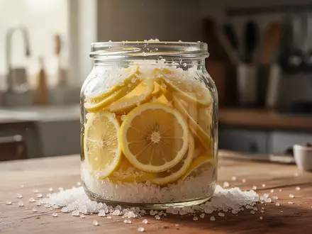 Ein Glas mit eingelegten Salzzitronen auf einem Holztisch in einer hellen Küche. - Foto: über boerse-global.de