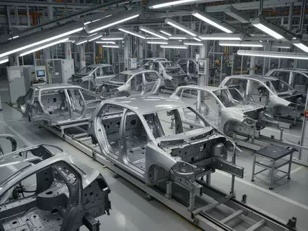 Leere Fertigungslinie in einem Volkswagen-Werk mit unfertigen Fahrzeugkarosserien in einer modernen Industriehalle. - Foto: über boerse-global.de