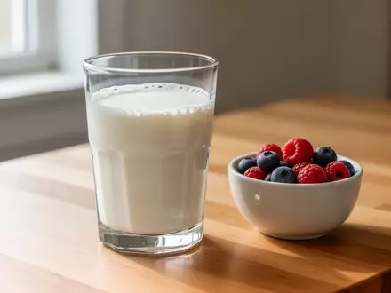 Ein Glas frischer Kefir auf einem Holztisch mit einer kleinen Schale Beeren im sanften Tageslicht. - Foto: über boerse-global.de