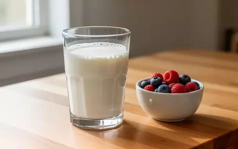 Ein Glas frischer Kefir auf einem Holztisch mit einer kleinen Schale Beeren im sanften Tageslicht. - Foto: über boerse-global.de