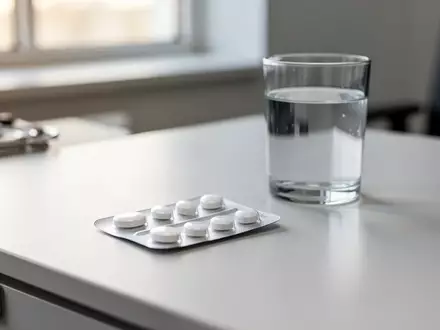 Eine Blisterpackung mit Tabletten und ein Glas Wasser auf einem sauberen Schreibtisch in einer medizinischen Umgebung. - Foto: über boerse-global.de