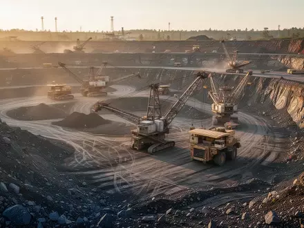 Ein moderner Tagebau bei Sonnenuntergang mit schwerem Gerät und terrassierten Erdschichten. - Foto: über boerse-global.de