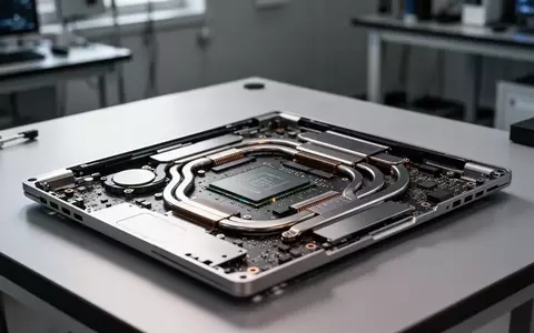 Hochwertige Nahaufnahme einer offenen Laptop-Hardware mit komplexen Prozessor- und Grafikkomponenten auf einer Werkbank. - Foto: über boerse-global.de