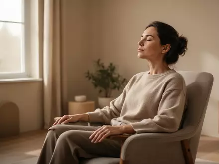 Eine Person sitzt entspannt in einem hellen, minimalistischen Raum und praktiziert achtsame Atemübungen zur Stressregulation. - Foto: über boerse-global.de