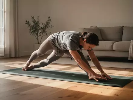 Person beim achtsamen Dehn- und Rückentraining auf einer Yogamatte in einem lichtdurchfluteten, minimalistischen Raum. - Foto: über boerse-global.de