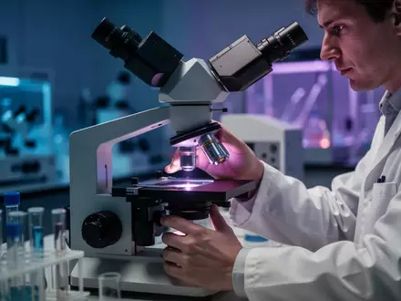 Ein Forscher bei der Arbeit an einem Mikroskop in einem modernen Labor zur Untersuchung zellbiologischer Prozesse. - Foto: über boerse-global.de