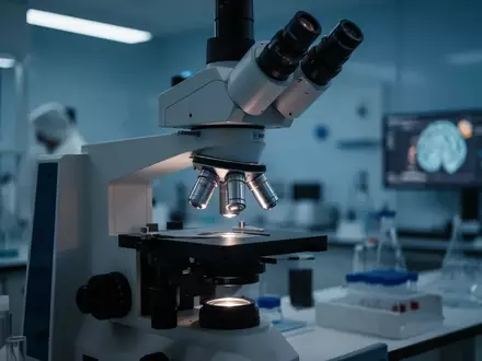 Ein wissenschaftliches Labor mit einem modernen Mikroskop in gedimmtem, blauem Licht zur Erforschung neuronaler Prozesse. - Foto: ĂŒber boerse-global.de