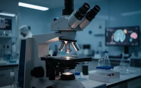 Ein wissenschaftliches Labor mit einem modernen Mikroskop in gedimmtem, blauem Licht zur Erforschung neuronaler Prozesse. - Foto: über boerse-global.de