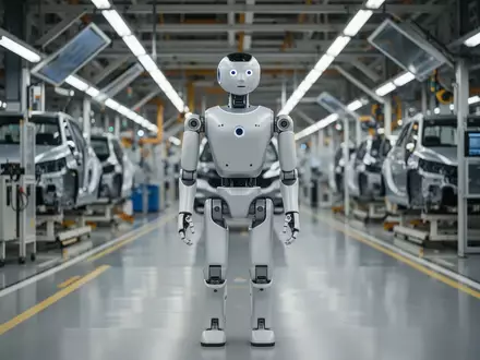 Ein humanoider Roboter in einer modernen Industriefertigungshalle. - Foto: über boerse-global.de
