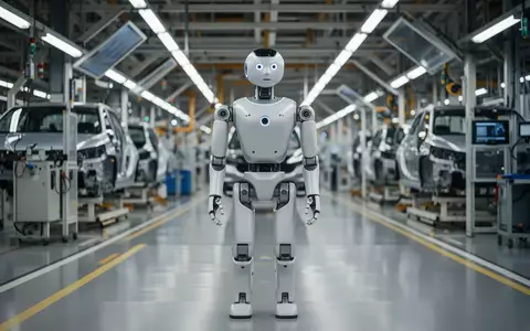 Ein humanoider Roboter in einer modernen Industriefertigungshalle. - Foto: über boerse-global.de