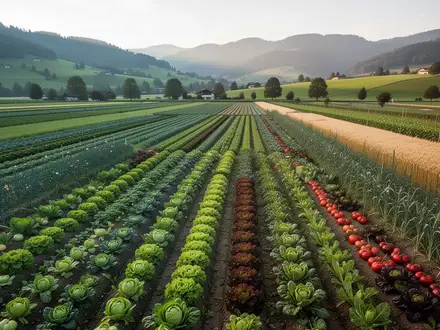 Weitläufige Ackerlandschaft in der Schweiz mit verschiedenen Gemüsekulturen und Getreidefeldern vor grünen Hügeln. - Foto: über boerse-global.de