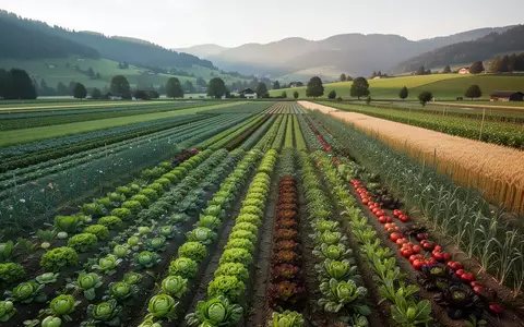 Weitläufige Ackerlandschaft in der Schweiz mit verschiedenen Gemüsekulturen und Getreidefeldern vor grünen Hügeln. - Foto: über boerse-global.de