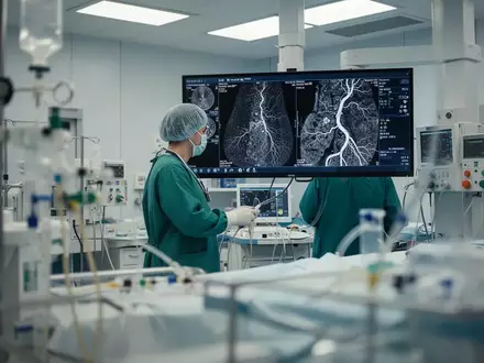 Ein Kardiologe in einem modernen Katheterlabor betrachtet hochauflösende medizinische Bildgebungsdaten an einem Monitor. - Foto: über boerse-global.de