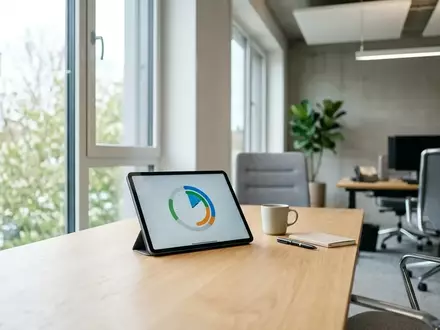 Ein moderner Schreibtisch mit einem Tablet zur Arbeitszeiterfassung in einem hellen Büro. - Foto: über boerse-global.de