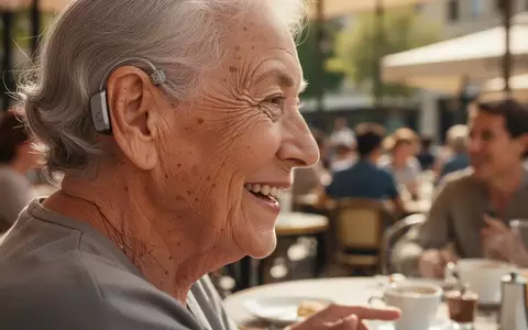 Eine ältere Person lächelt bei einem Gespräch in einem belebten Café und trägt ein modernes, dezentes Hörgerät. - Foto: über boerse-global.de