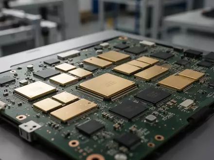 Detailaufnahme einer modernen Laptop-Hauptplatine mit Fokus auf Speicherchips in einer Fertigungsumgebung. - Foto: über boerse-global.de