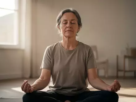 Eine Person mittleren Alters in einer ruhigen, von natürlichem Licht durchfluteten Umgebung während einer Meditationsübung. - Foto: über boerse-global.de