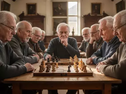 Eine Gruppe von Senioren spielt konzentriert Schach in einem hellen, historischen Rathaus. - Foto: über boerse-global.de