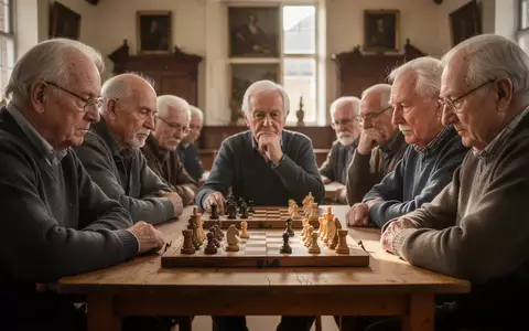 Eine Gruppe von Senioren spielt konzentriert Schach in einem hellen, historischen Rathaus. - Foto: über boerse-global.de