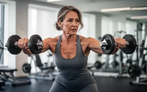Eine Frau mittleren Alters beim gezielten Krafttraining mit Hanteln in einem hellen, modernen Fitnessstudio. - Foto: über boerse-global.de
