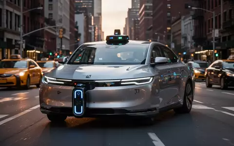 Ein autonomes Fahrzeug fährt in der Dämmerung durch eine belebte Straße in New York City. - Foto: über boerse-global.de