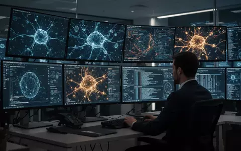 Ein Cybersicherheitsexperte arbeitet in einem modernen Sicherheitszentrum an Monitoren mit abstrakten Datenvisualisierungen. - Foto: über boerse-global.de