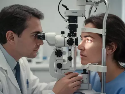 Ein Augenarzt untersucht den Augenhintergrund eines Patienten mit einem modernen Spaltlampen-Mikroskop in einer Klinik. - Foto: über boerse-global.de