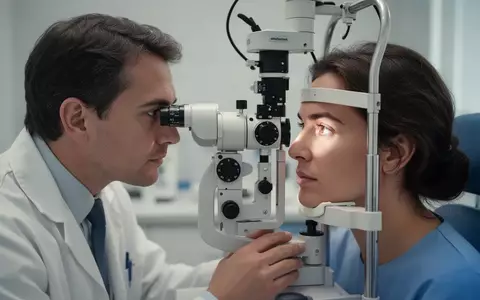 Ein Augenarzt untersucht den Augenhintergrund eines Patienten mit einem modernen Spaltlampen-Mikroskop in einer Klinik. - Foto: über boerse-global.de