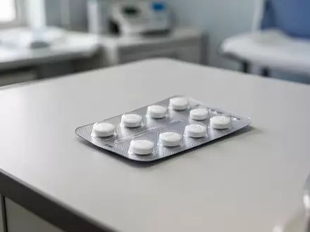 Eine Blisterpackung mit weißen Tabletten auf einem medizinischen Untersuchungstisch in einer Arztpraxis. - Foto: über boerse-global.de