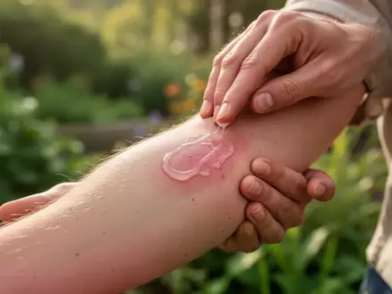 Eine Person trägt kühlendes Gel auf einen kleinen, geröteten Insektenstich am Unterarm auf, im Hintergrund unscharfes Laub. - Foto: über boerse-global.de