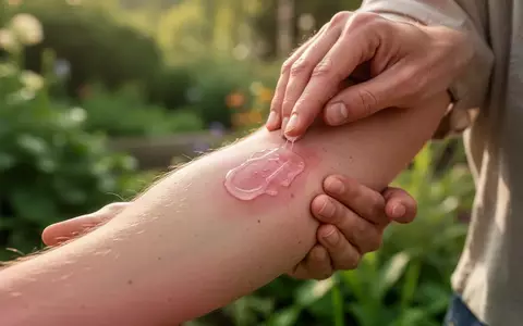 Eine Person trägt kühlendes Gel auf einen kleinen, geröteten Insektenstich am Unterarm auf, im Hintergrund unscharfes Laub. - Foto: über boerse-global.de