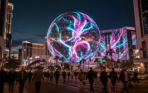 Die beleuchtete Sphere in Las Vegas bei Nacht mit abstrakten Lichtprojektionen vor einem dunklen Abendhimmel. - Foto: über boerse-global.de