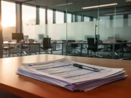 Ein moderner, leerer Büroarbeitsplatz in einer Stadtverwaltung mit Unterlagen zur Haushaltsplanung auf einem Schreibtisch. - Foto: über boerse-global.de