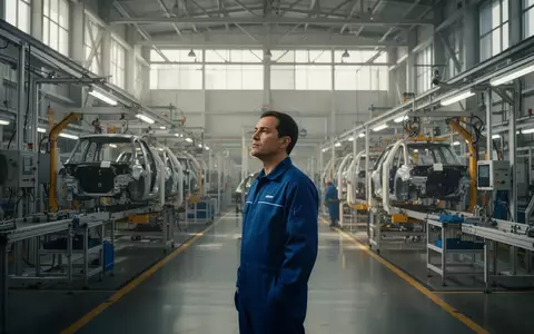 Ein Arbeiter in einer modernen Automobilfabrik steht nachdenklich in einer ruhigen Produktionshalle. - Foto: über boerse-global.de