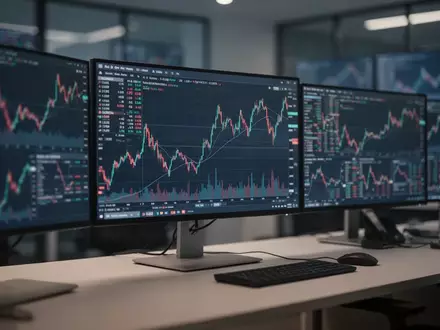 Moderne Finanzhandelsumgebung mit unscharfen Monitoren, die Markttrends anzeigen. - Foto: über boerse-global.de