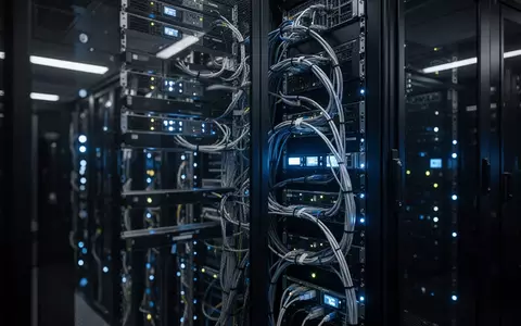 Nahaufnahme von Server-Racks in einem modernen Rechenzentrum mit blau leuchtenden Status-LEDs. - Foto: über boerse-global.de